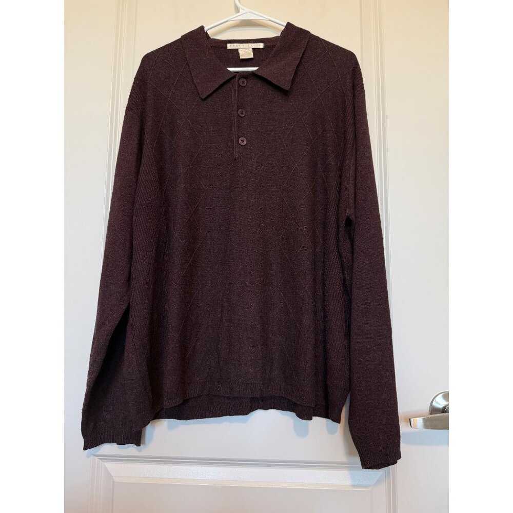 Perry Ellis XL Burgundy Wool Silk Blend Mens Sweater Argyle Pattern Polo Collar
